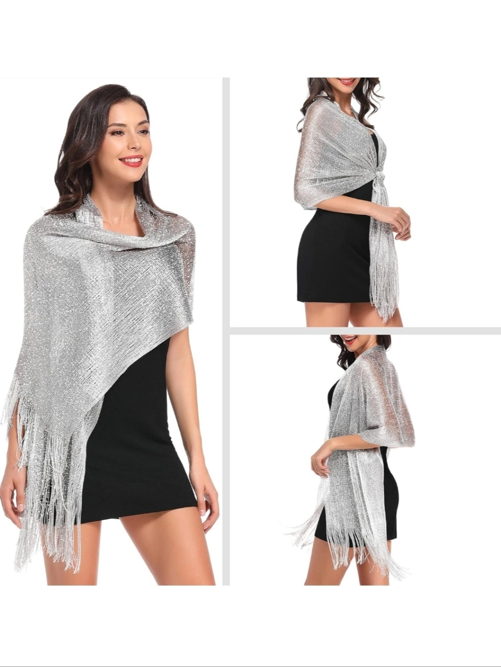 Silver Metallic Evening Shawl Wrap - Picture 2 of 4